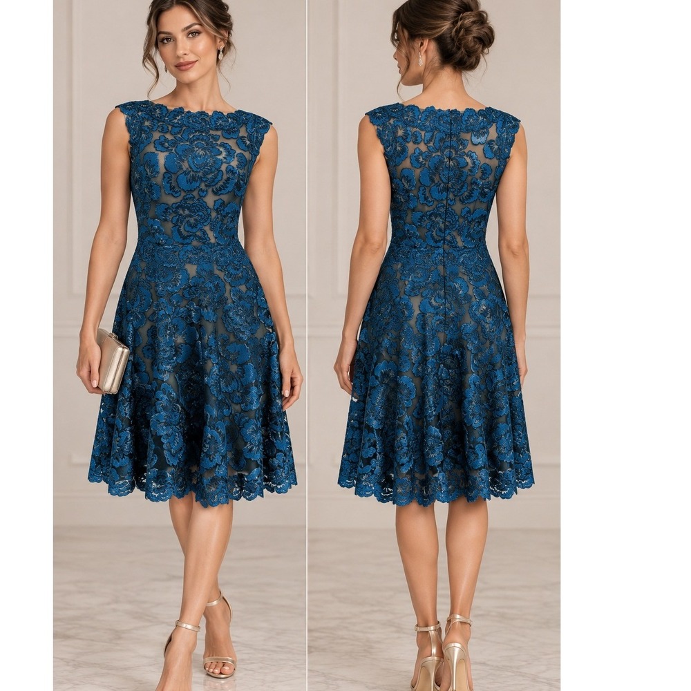 Tadashi Shoji Size 10 Blue Floral Sequin Lace Illusion Fit Flare Midi Dress